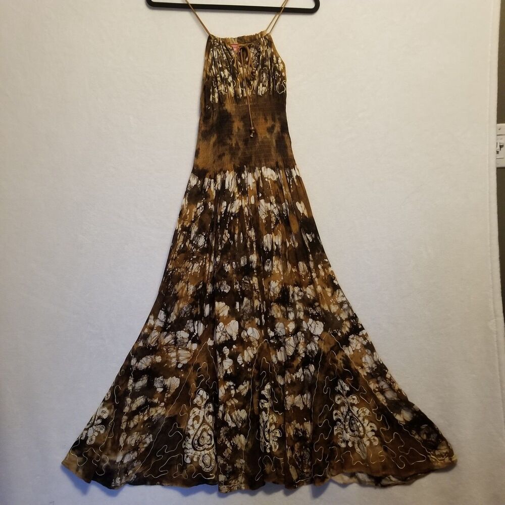Fashion Terminal OS Dress Maxi Brown Tie Dye Gold Smocked Waist Embroidered Boho